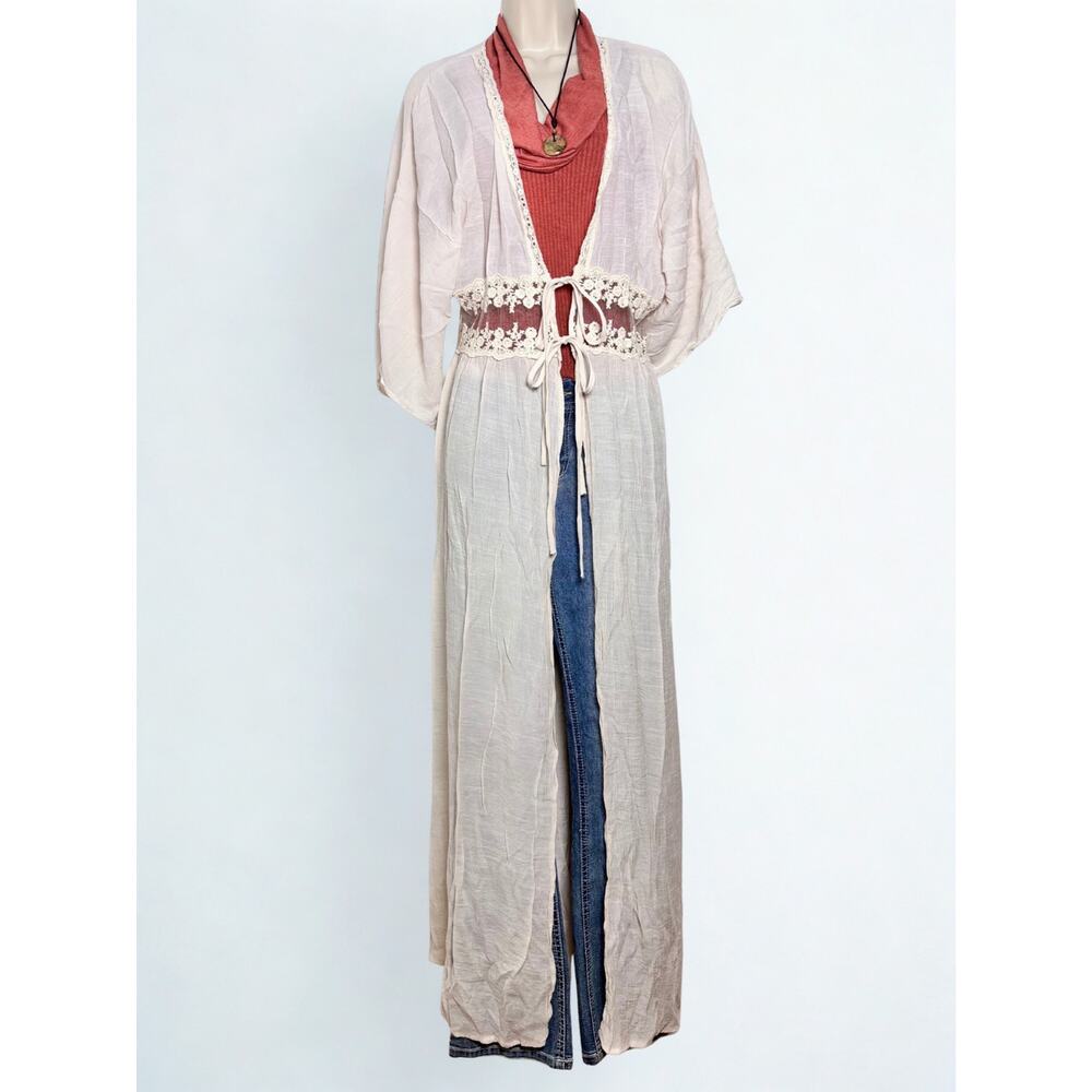 Floor Length Cream Boho Short Sleeve Duster Crochet Details Tie Front